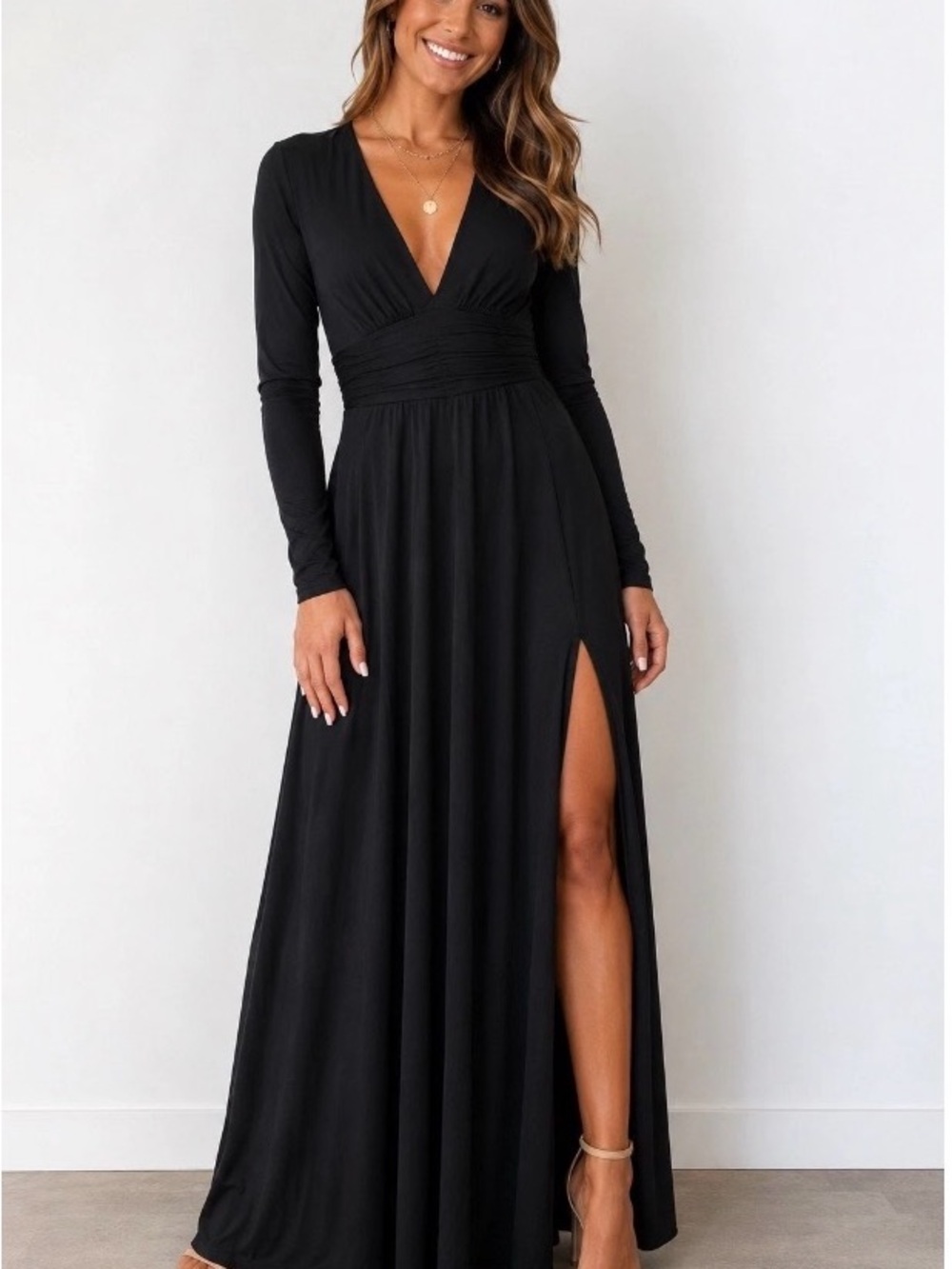 SDEER Womens Black Maxi Dress Size M Long Sleeve V Neck High Slit